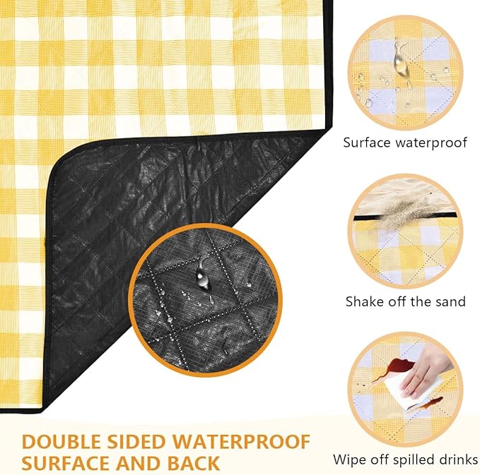 OBTANIM Extra Large Picnic Blanket 80 x 80 Inch Waterproof Foldable Beach Blankets Outdoor Picnic Mat for Camping Grass Lawn Park Music Festival Party Accessories (Yellow and White)
