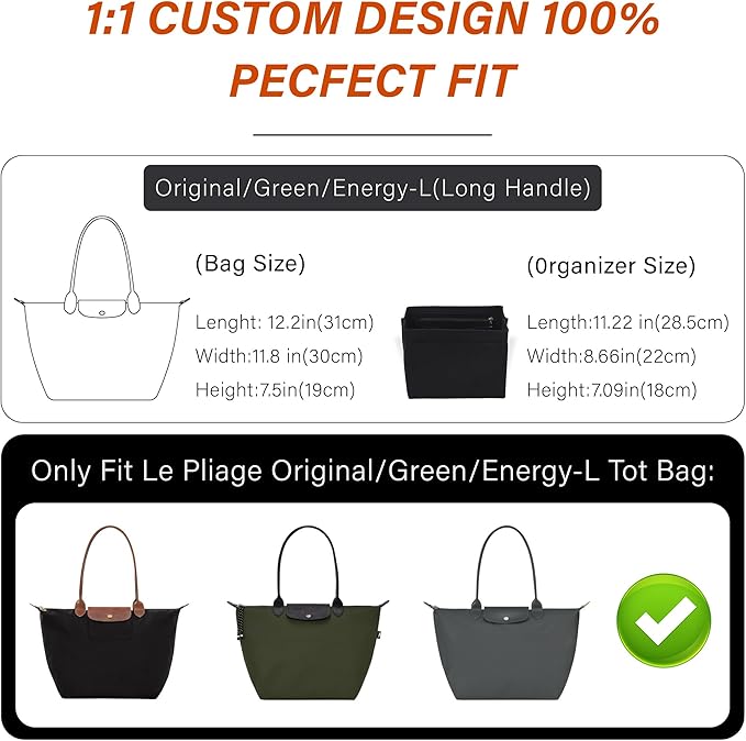 Fit Longchamp Organizer Insert, Zipper Long Champ Le Pliage Bag Organizer Insert with Cup Holder, 9 Compartments, Large, Black