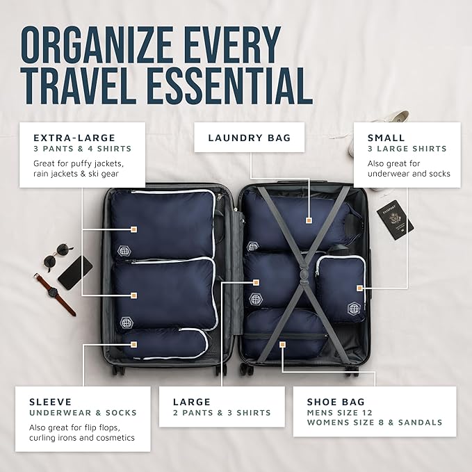Large Compression Packing Cubes for Travel-Packing Cube Luggage Organizers 7 Piece Set for Checked Luggage-Ultralight, Expandable/Compression Bags by TRIPPED Travel Gear (Navy/White)