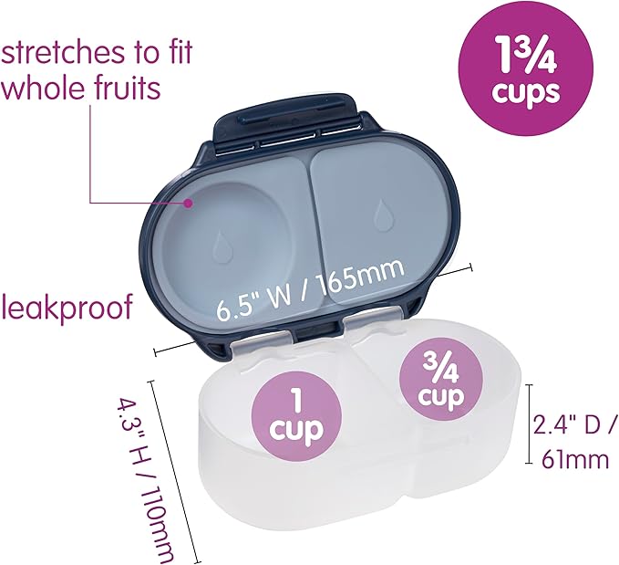 b.box Snack Box - Leakproof Mini Bento Box for Kids & Toddlers, 2 Compartment Snack Containers for Kids, Lunch Containers, Dishwasher Safe, BPA Free, PFAS Free, Ages 4m+, 1 3/4 Cup - Midnight