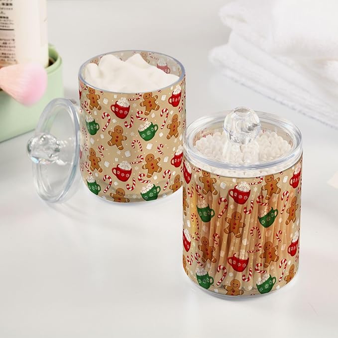 Gredecor Qtip Holder Dispenser 2 Pack Cute Gingerbread Men Snowflakes Candy Bathroom Decorative Storage Canister Holder Counter Vanity Organizer for Cotton Ball Swabs Pads Floss