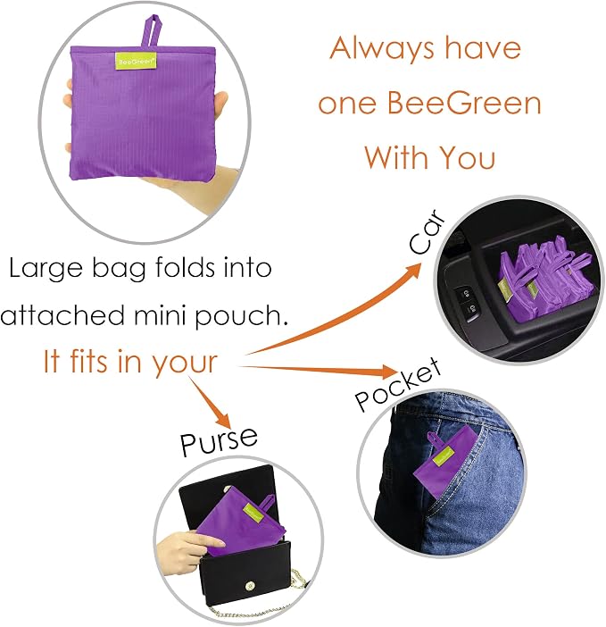 BeeGreen Purple Reusable Grocery Bags Wholesale Purple Reusable Kitchen Bags Bulk Foldable-Machine Washable with Zipper Storage Pouch 10 Packs