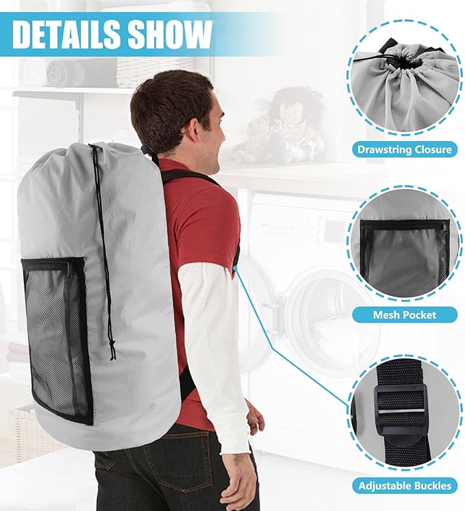 Olosar Laundry Bag Backpack, 2PCS Extra Large Travel Laundry Bag with Mesh Pocket & Adjustable Shoulder Straps,Dirty Clothes Travel Bag for College Students Dorm,Apartment(Light Gray)