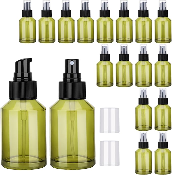 Segbeauty 18pcs 2oz Glass Pump Bottle Dispenser of 9pcs Travel Lotion Container, 9pcs Travel Spray Bottle, 60ml Refillable Perfume Atomizer Empty Lotion Bottles, Small Glass Bottles for Toiletries
