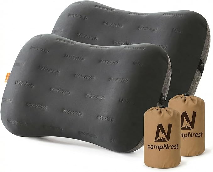 Inflatable Camping Pillow - Ultralight Compact Air Pillow for Travel, Backpacking & Hiking - Ergonomic Neck & Lumbar Support - Portable Inflatable Pillow with Removable Washable Cover - (Grey 2 Pack)