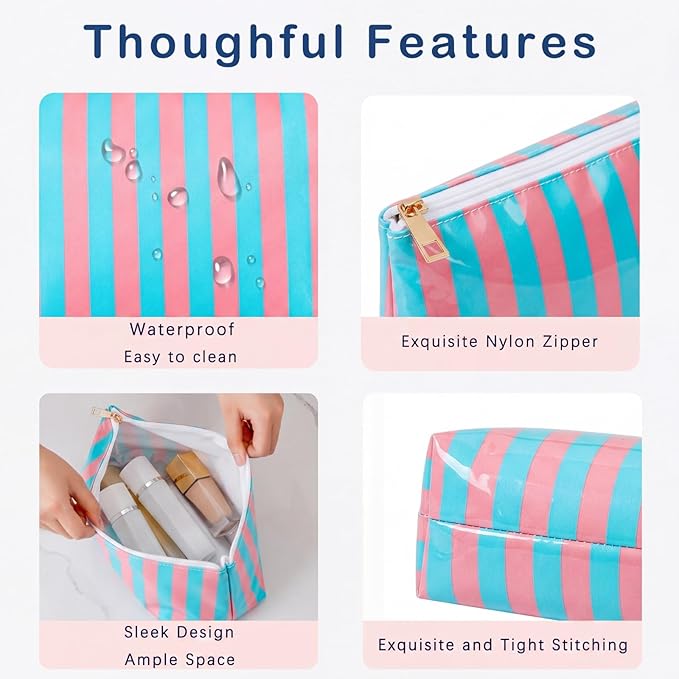 Large PVC Waterproof Striped Makeup Bag,Clear Coated Cosmetic Bags,Easy to Clean,Travel Organizer Zipper Pouch Beach Vacation Essentials for Women Girls(12Pink Blue)