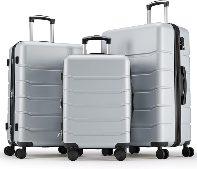 Sweetcrispy 3 Piece Luggage Set, ABS Hard Shell Carry On Suitcase with Smooth Spinner Wheels and TSA Lock, Lightweight Rolling Travel Luggage 20/24/28 Inch for Travel Business Vacation, Light Grey