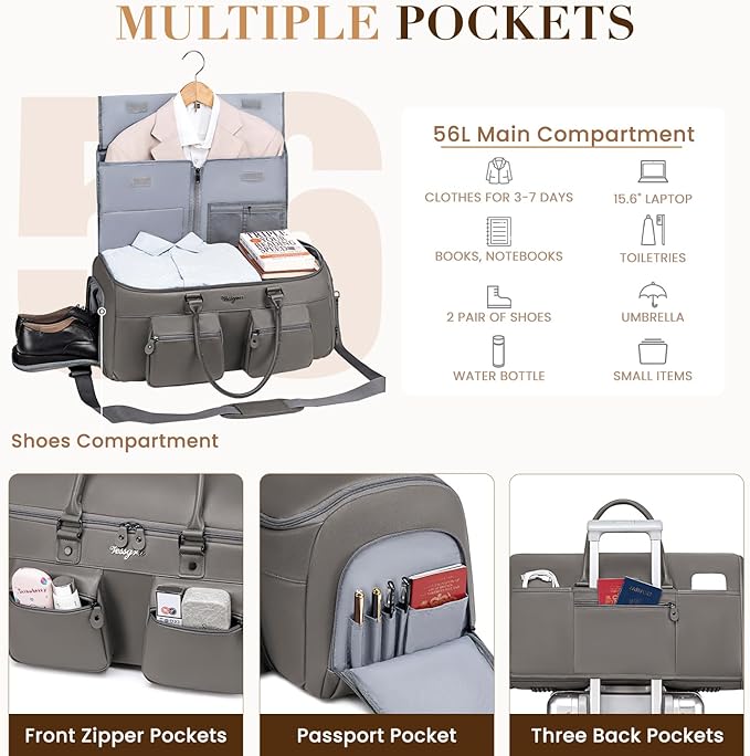 Suit Bag Travel,Vessgra 2 in 1 Leather Duffle Bags for Men 56L Duffel Bags for Traveling PU Leather Garment Bag with Shoe Compartment,Travel Carry on Bag Weekender Bussiness Wedding,Grey