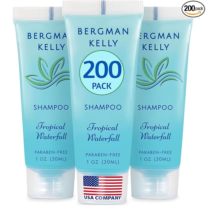 BERGMAN KELLY - Travel Size Hotel Shampoo - 1 fl oz, 200 PK, Tropical Waterfall - Delight Your Guests with Revitalizing & Refreshing Hair Cleanser for Guest Hospitality - Bulk Small Size Shampoo