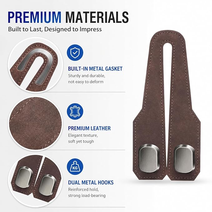 4Pcs Car Headrest Hooks with Premium Leather, Upgraded Double Metal Hooks with Anti-Drop Design, Universal Back Seat Hanger for Bags, Coats, Purses and Groceries (Stylish Brown)