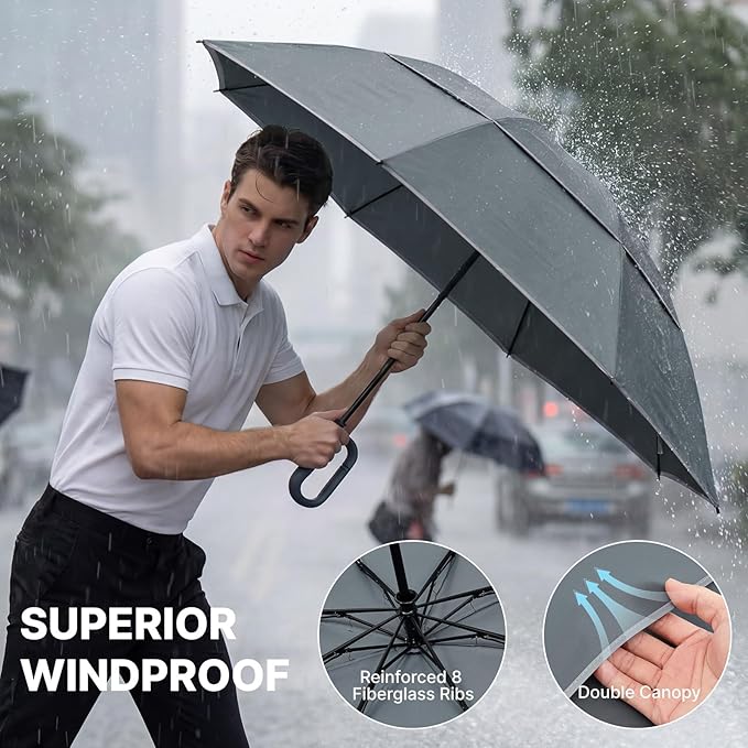 G4Free 46inch Ring Buckle Umbrella, Inverted Design with Carabiner Handle, Compact Travel Umbrella with Reflective Strip, Automatic Windproof for Rain