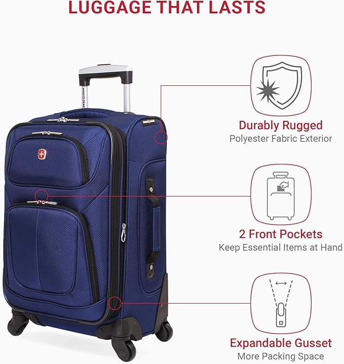 SWISSGEAR Sion Softside Expandable Spinner Luggage Durable Lightweight Travel Suitcase, Blue, Carry-On