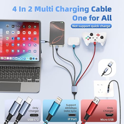 4 in 2 Multi Charging Cable, [Dual Type-C Port][5FT] USB A/C Charging Cables for Multiple Devices with IP/Micro/iPhone 17 Port, Universal USB C Cable Phone Charger Cord for iPhone 16-12, Tablet Pad