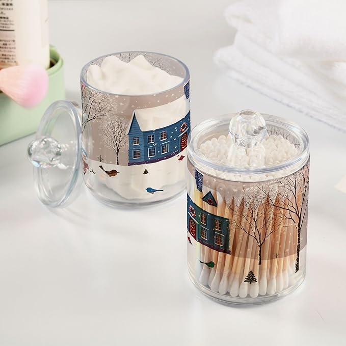 Gredecor Christmas Winter Qtip Holder Dispenser 2 Pack Snowmen Snow Courtyard with Trees Bathroom Decorative Storage Canister Holder Counter Vanity Organizer for Cotton Ball Swabs Pads Floss