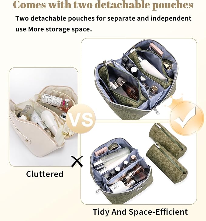 BOYATU Travel Makeup Bags Cosmetic Organizer Bag: 3 Pcs Set Large Capacity Make up Bag with Compartments - Waterproof Leather Toiletry Bags with Handle for Women (A-Green)