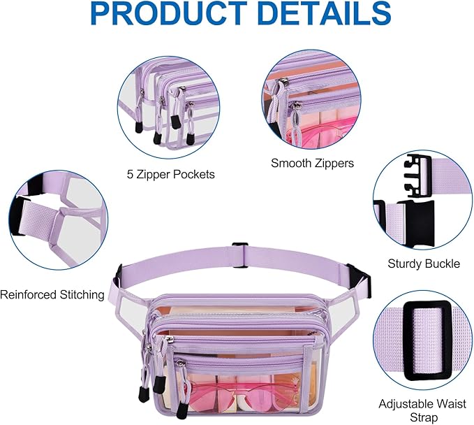 Clear Bag Stadium Approved Clear Fanny Pack for Women for Work,Multi-purpose Waist Bag for Travel & Sporting Event