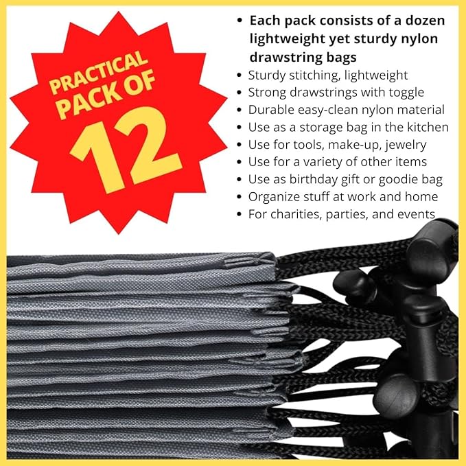 PALTERWEAR Drawstring Pouch with Toggle (9 x 12 Inch, 12 Pack, Grey) Nylon Cinch Bag for Travel, Gym, Hobby and Storage