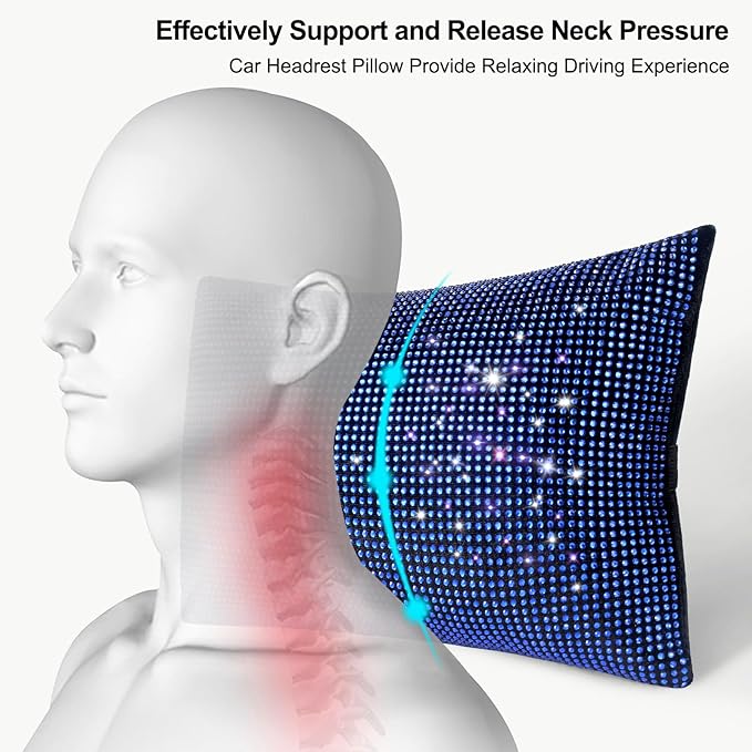 surpassme 2PCS Rhinestone Car Headrest Neck Pillow for Driving with Bling Bling Crystal Bow Pillow Car Accessories for Women (Blue)