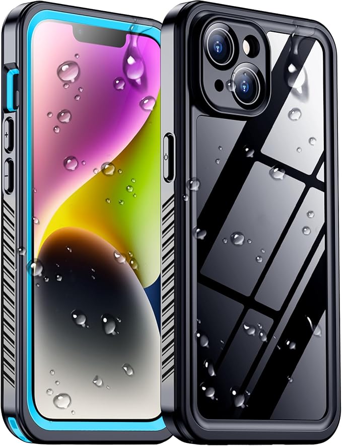 Compatible with iPhone 14 Case Waterproof, Built-in Screen & Camera Protector IP68 Underwater Full Body 14FT Military Dropproof Shockproof Phone Case 6.1"-Blue/Clear