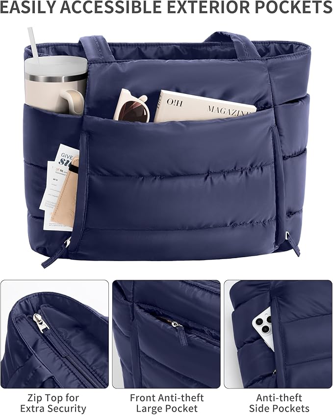 Bagstellar Puffer Tote Bag for Women, Lightweight Puffy Work Handbag Teacher Nurse Quilted Shoulder Bag for School Travel Gym | Cloud Bag w/ Zipper