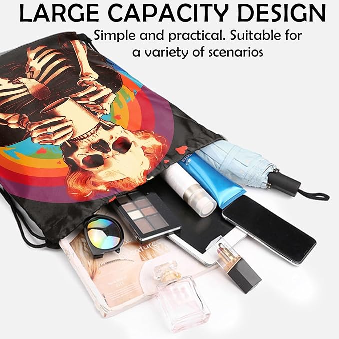 Drawstring Backpack Draw String Sports Bags for Gym Travel Beach Waterproof Cute Sackpack Men Women Aesthetic (13"×17")-Rainbow Skull
