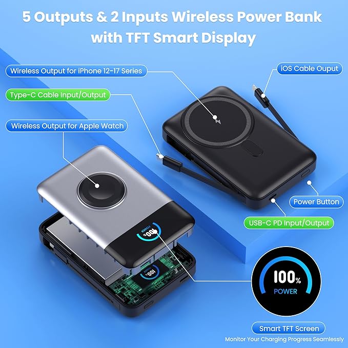 Ekrist Magnetic Portable Charger for MagSafe with Built-in Cable,iWatch Charger,Wireless Power Bank Travel Essentials,25W Fast Charging Battery Pack for iPhone 17/16/15,Apple Watch(Sliver,10800mAh)