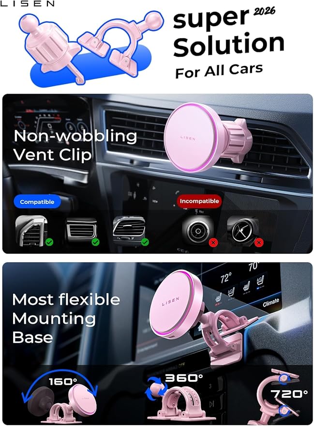 LISEN for 15W MagSafe Car Mount Charger,Magnetic Wireless Car Charger for iPhone 17 Pro Max Accessories,Magnetic Phone Holder for iPhone 17-12,Samsung,Pixel,Jeep Ford F150 Accessories,Light Pink
