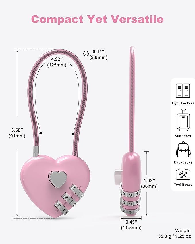 Small Combination Lock for Locker, Cable Lock with Code, Pink Padlock Combination, for Luggage, Suitcase, Gym Locker, Backpack Zipper, Cabinet, Box, Fence Gate, Travel Safe, Outdoor Use