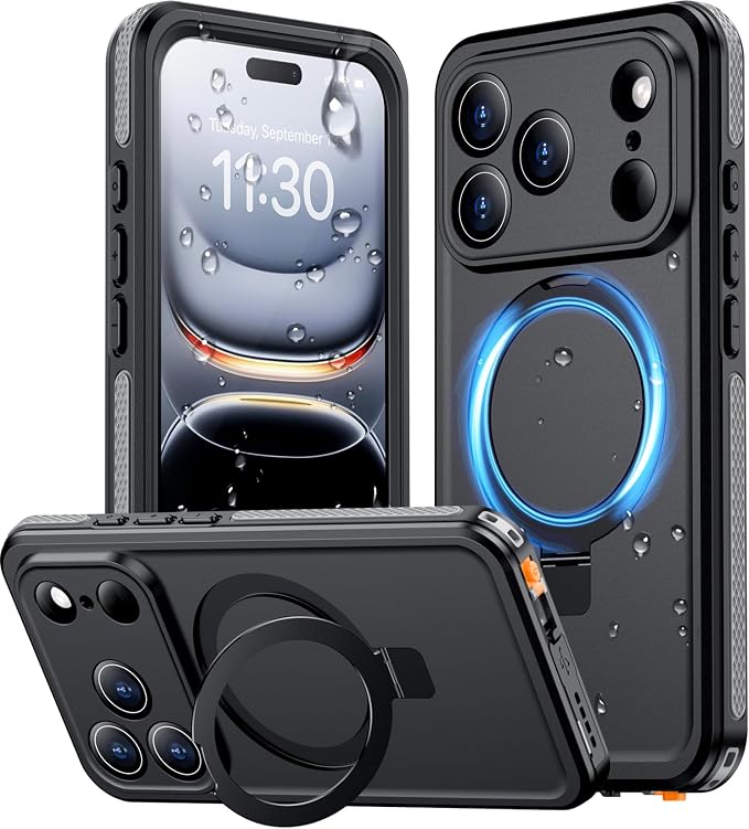 Magnetic Compatible with iPhone 17 Pro Case,Waterproof Built-in Screen & Camera Protector IP68 Underwater Full Body 17FT Military Dropproof Shockproof Phone Case 6.3"-Gray/Black