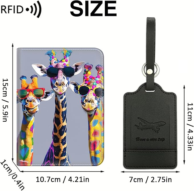 Passport Wallet, Passport Holder with RFID Blocking and Luggage Tag, Waterproof PU Leather Travel Documents Organizer Case, Passport Covers with Card Slot for Women & Men, Cool Giraffes Passport Book