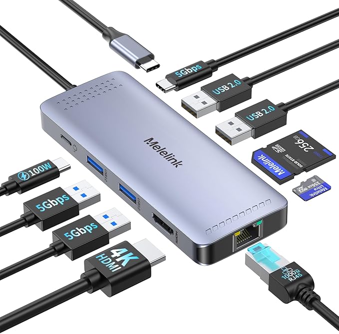Melelink USB C Hub Ethernet, 10 in 1 USB-C to HDMI Adapter 4K@60Hz with Gigabit Ethernet, 100W PD, USB-A&C Data Ports and SD/TF Slot, USBC Dock MultiPort Dongle for MacBook, Dell, HP, Lenovo, etc