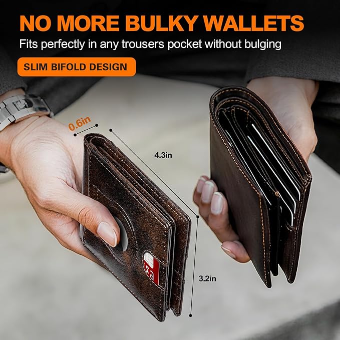 Wallet for Men Slim RFID Blocking Bifold Carbon Fiber,Minimalist Small Compact Front Pocket Credit Card Holder,Thin Mens Leather Wallets Smart Security With 2 ID windows 1 Cash (Retro Black & Brown)