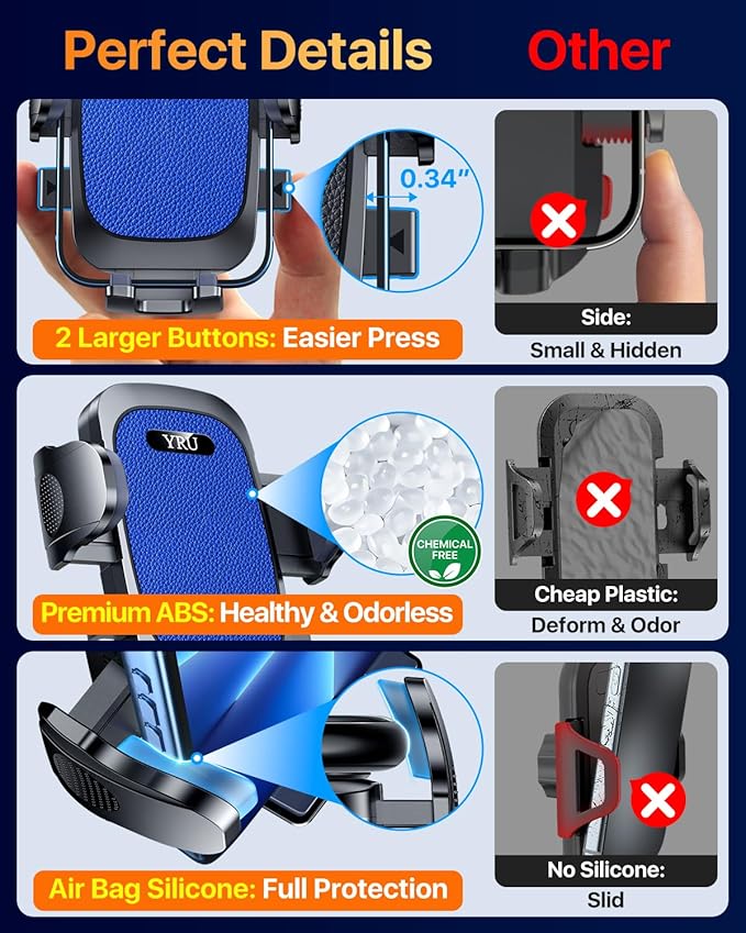 [True Upgrade for Safety] YRU Car Phone Holder Mount [Patent & Military-Grade]Dashboard Cell Phone Holder for Car Vent Windshield Phone Stand for iPhone 17 16 15 14 13 Pro Max Truck Samsung, Dark Blue
