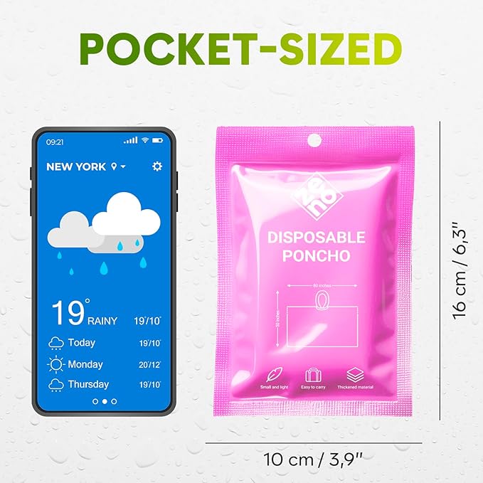 ZENO Disposable Rain Ponchos for Adults - Clear with Hood, Compact Emergency Ponchos for Hiking, Camping, Travel