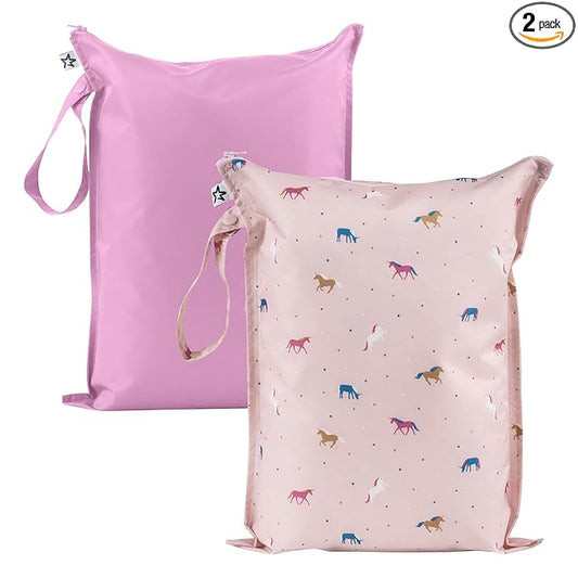 Tiny Twinkle Mess Proof Wet Bags | 2-Pack Reusable Waterproof Wet Bags for Swimsuits | Baby Clothes | Travel & Diaper Bag (Unicorn)