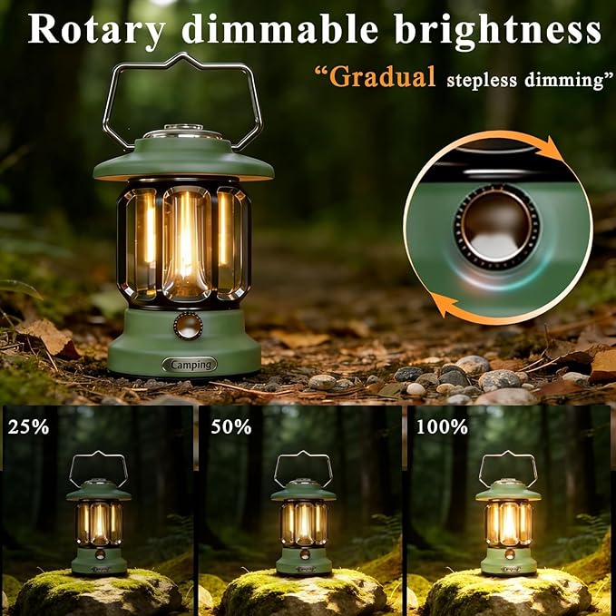Rechargeable Camping Lantern Outdoor 1200LM, 3600mAh LED Dimmable Warm & White Modes, Retro Tent Lamp Hanging Lights for Outside, Rustic Decor, Powered Lanterns Lighting for Garden Patio Decorative