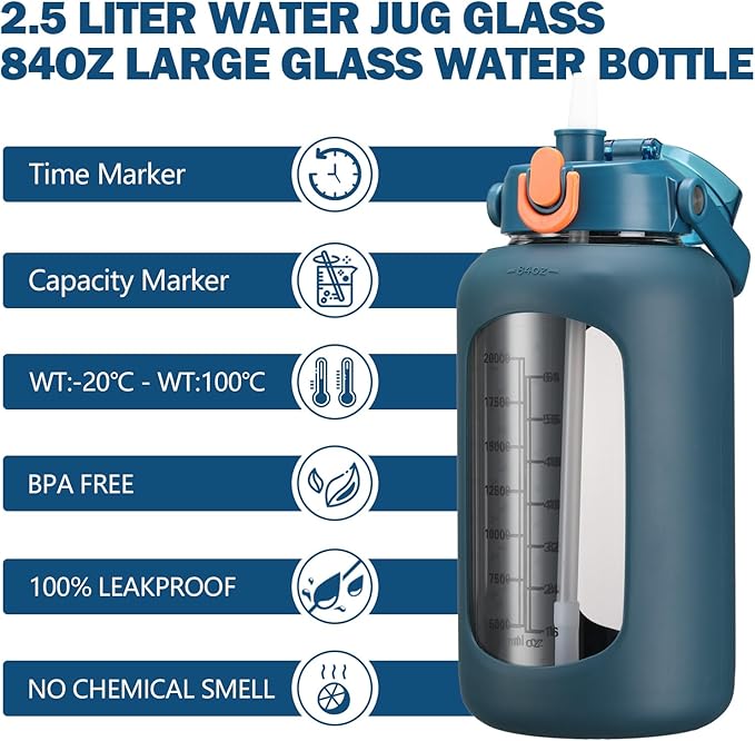 84oz Glass Water Bottle with Straw, 2.5 Liter Large Water Bottle with Silicone Sleeve and OZ Marker, Wide Mouth Gallon Glass Bottle with 2-in-1 Lid, Leakproof Water Jug for Gym Home, Blue