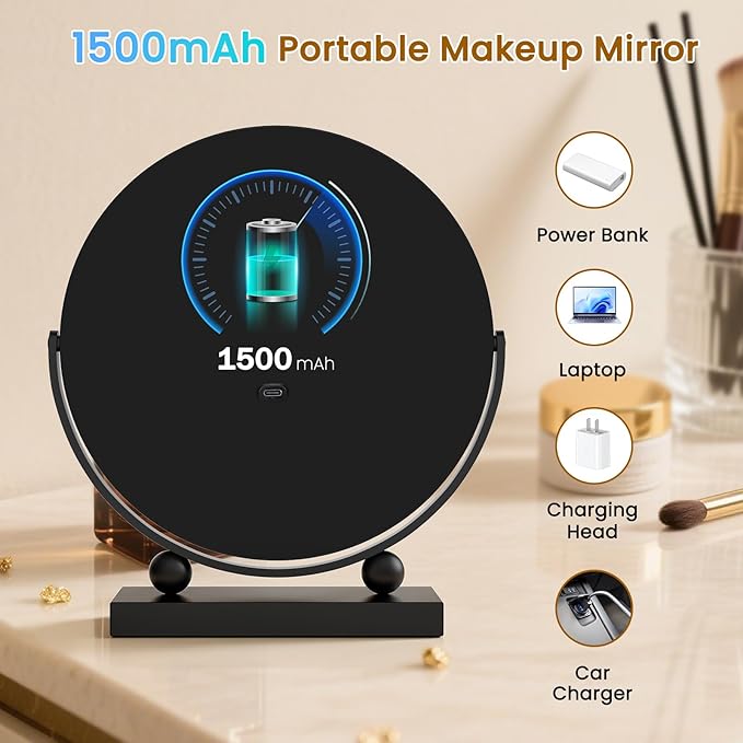 Travel Makeup Mirror, 9" Small Vanity Mirror with Lights, 1500mAH Battery, 3-Color Lighting, Dimmable, 360° Rotation, Round Portable Desk Mirror, Travel Essentials (Black)