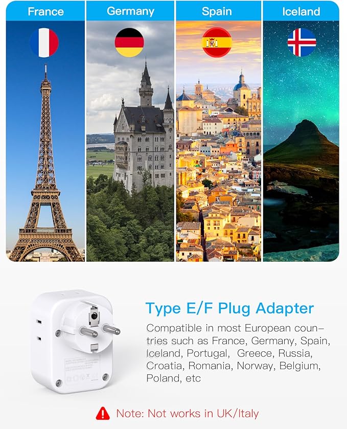 Type E F Plug Adapter 2 Pack, HANYCONY Germany France Spain South Korea Power Adapter Travel Power Adapter with 4 Outlets 4 USB Ports(2 USB C) for US to Europe EU Spain Iceland Greece German