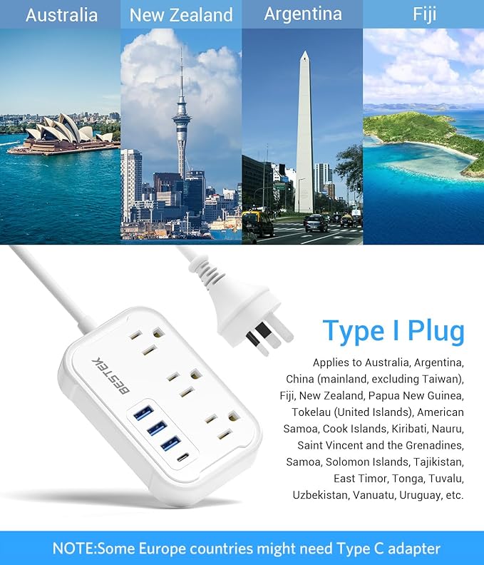 BESTEK New Zealand Power Adapter: US to Australia Plug Adapter - Type I Plug Adapter with 3 AC Outlets and 4 USB(1 PD20W) - for USA to Australia, Argentina, China, New Zealand 2.6ft (Type I - AU)