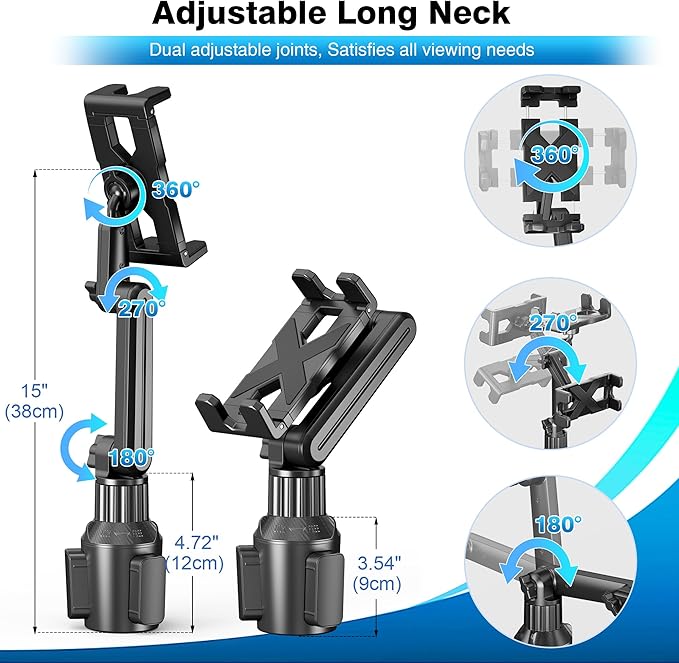 Cup Holder Car Tablet Mount for Truck, Ipad Cup Holder Car Mount with 15" Adjustable Arm Stand for Tablet iPhone 4.7-13in, iPad Pro Air Mini, Fire, iPhone 16 15, Galaxy S25 S24 Z Fold 6 5