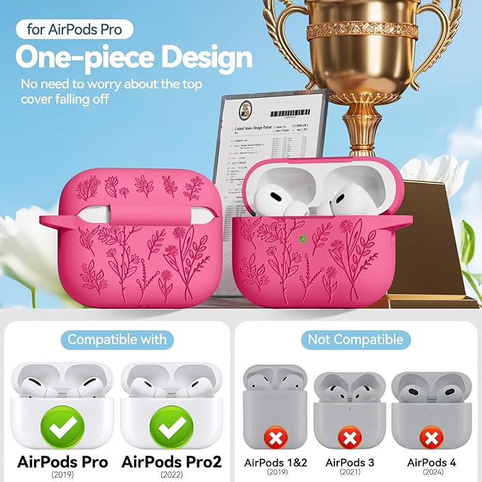 Flower Engraved Case for Apple AirPods Pro 2nd/1st Generation, Soft Silicone AirPods Pro 2 Gen Protective Cover for Women Airpod Cases with Clean Kit,Carabiner,Front LED Visible