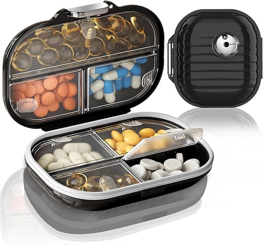 2 Pack Pill Organizer Pill Box 7 Compartments Large Pill Dispenser Home Travel Supplement Holder Airtight Vitamin Container Daily Medicine Travel Essentials(Small+ Large)