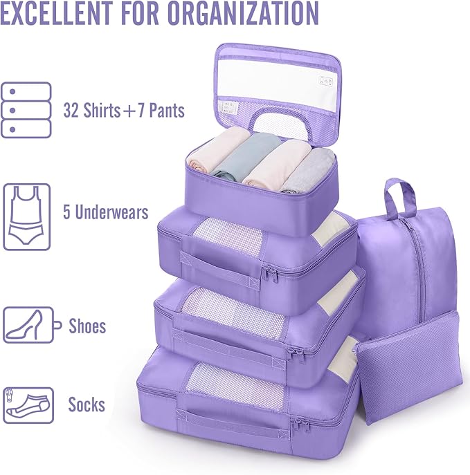 Veken 8 Set Packing Cubes for Travel Essentials,Anti-Wrinkle Buckled Suitcase Organizer for Shoe & Toiletry Bag,Carry On Luggage Bag for Airplane & College Dorm Room Accessories,Women Men Gifts
