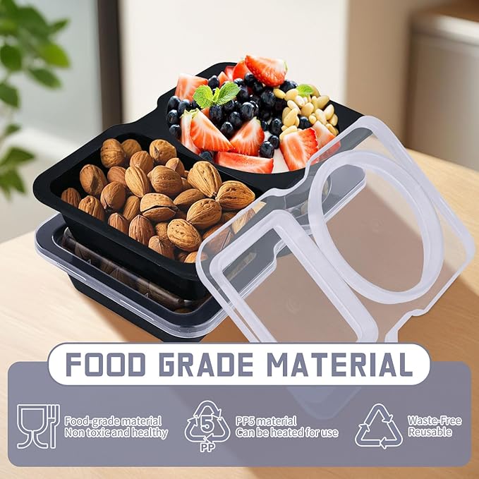 20 Pack Reusable Snack Containers with Lids - Double Compartment Condiment Snack Pack Containers with 20 Forks, Microwave Safe Portion Control Containers for Meal Prep, Take-out, Party & Travel(Black)