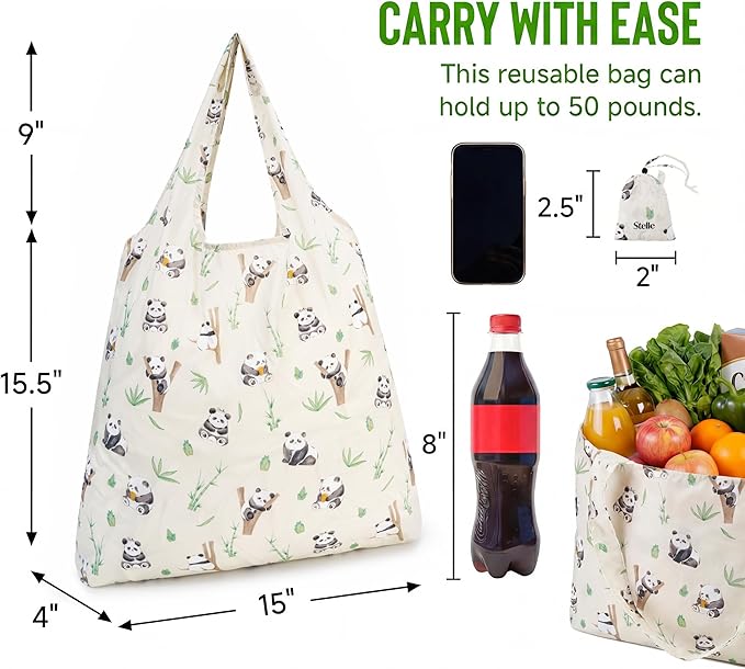 Stelle Lightweight Reusable Grocery Bag with Handles Ripstop Nylon Foldable Tote Shopping Bags for Travel and Groceries