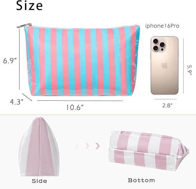 Large PVC Waterproof Striped Makeup Bag,Clear Coated Cosmetic Bags,Easy to Clean,Travel Organizer Zipper Pouch Beach Vacation Essentials for Women Girls(12Pink Blue)