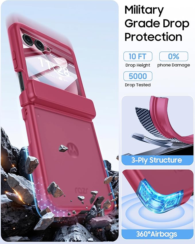 for Motorola Razr Ultra 2026 Case/Razr Ultra 2025 Case with Hinge Protection, Screen Protector, Skin Feel Translucent Frosted, Shockproof Slim Cover for Razr Ultra 2026/2025 -Rose Red