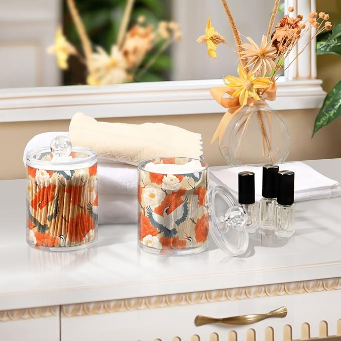2 Pack Qtip Holder Organizer Dispenser Cranes Orange Flowers Bathroom Storage Canister Cotton Ball Holder Container for Cotton Pads/Swabs/Floss