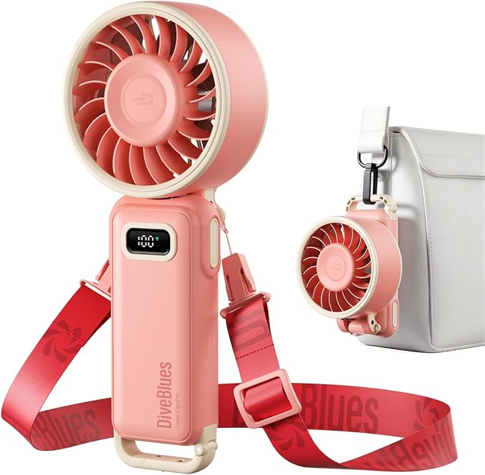 Diveblues Portable Turbo Fan, Small High Speed Handheld Fan, 180° Foldable 4-in-1 Personal Neck Fan with Carabiner Clip, 100 Speed Stepless Control, USB-C Rechargeable for Travel, Makeup Hot Flashes